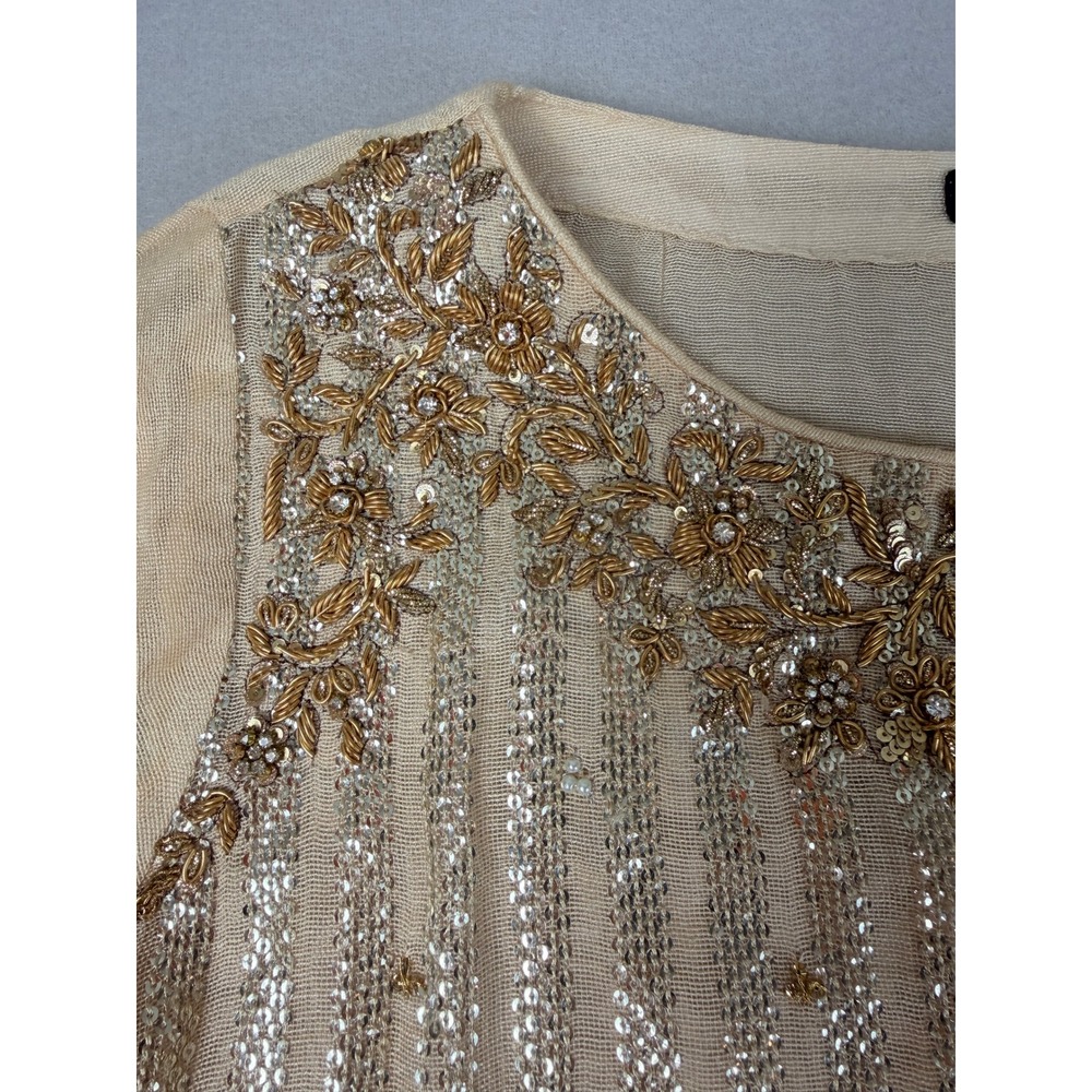 Agha Noor Women M Gold Sequin Floral Embroidered Kurta Tunic Beige Chiffon - Picture 2 of 9